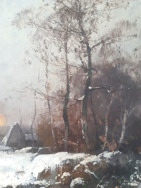 Eugène Galien Laloue (1854-1941) Galien-Laloue Huile Sur Toile Hameau Sous La Neige Signée J. Lievin-photo-5