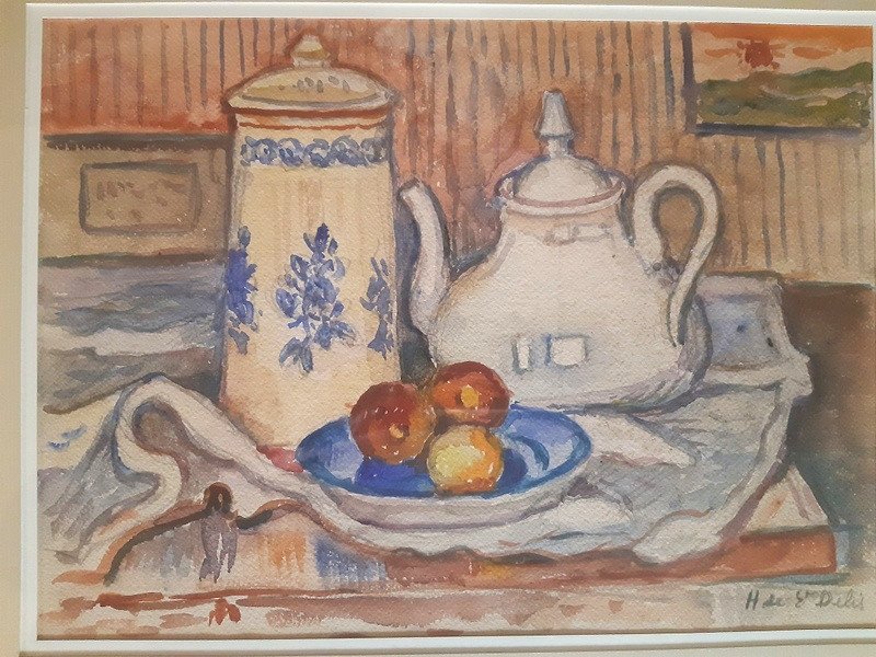 Henri De Saint-delis (marconne 1878-honfleur 1949) Watercolor With Teapot And Fruit-photo-1