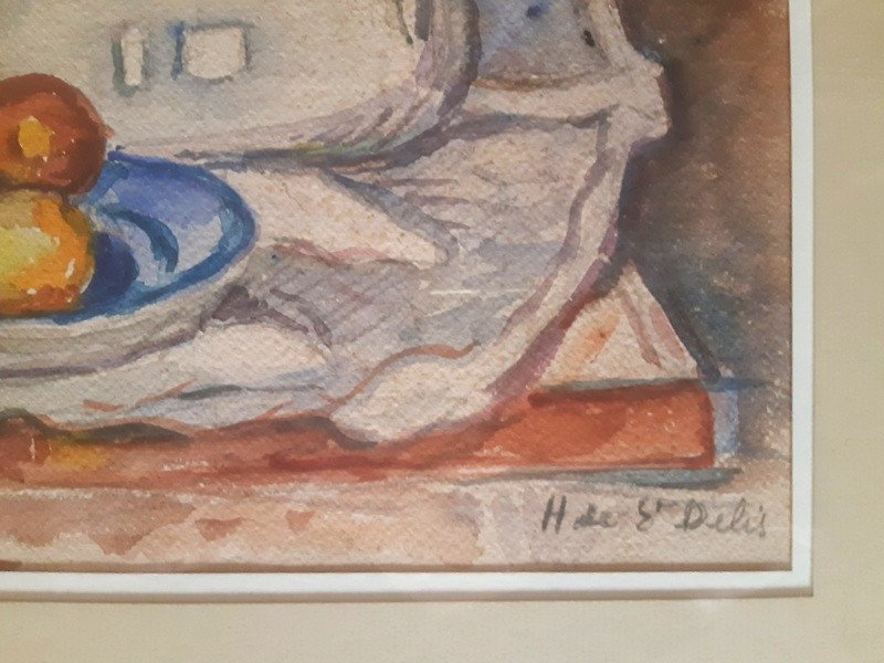 Henri  De Saint-Delis (Marconne 1878-Honfleur 1949) Aquarelle à La Théière Et Aux Fruits-photo-3