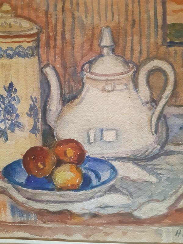 Henri  De Saint-Delis (Marconne 1878-Honfleur 1949) Aquarelle à La Théière Et Aux Fruits-photo-4