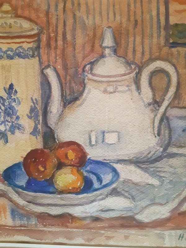 Henri De Saint-delis (marconne 1878-honfleur 1949) Watercolor With Teapot And Fruit-photo-4