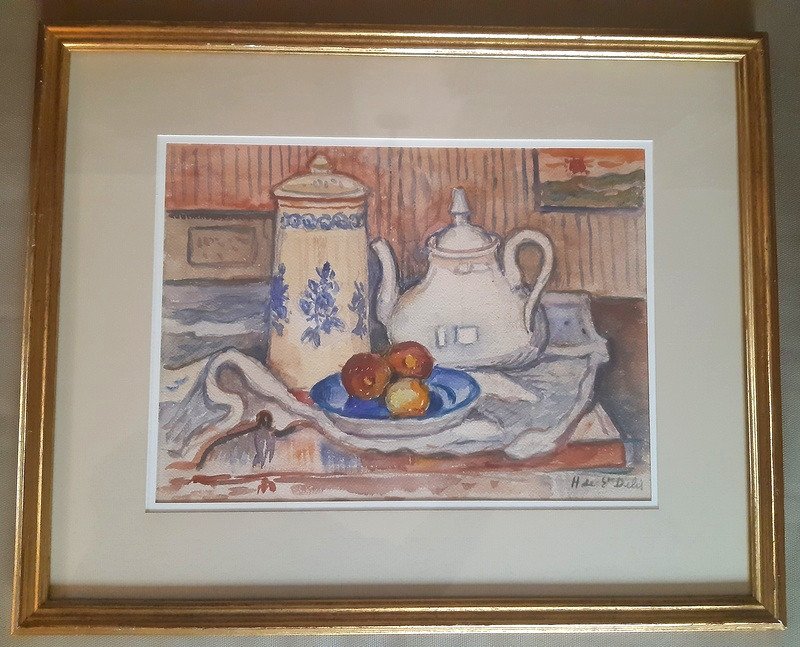 Henri De Saint-delis (marconne 1878-honfleur 1949) Watercolor With Teapot And Fruit