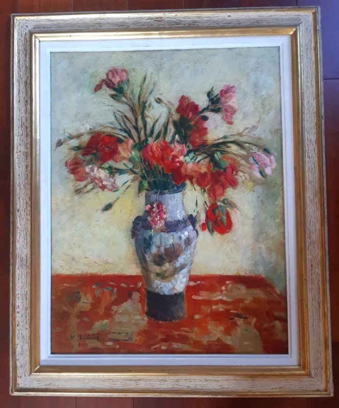 Horace Richebé (1871-1964) Magnifique Bouquet De Fleurs De Roses Rouges Dans Un Vase japonais