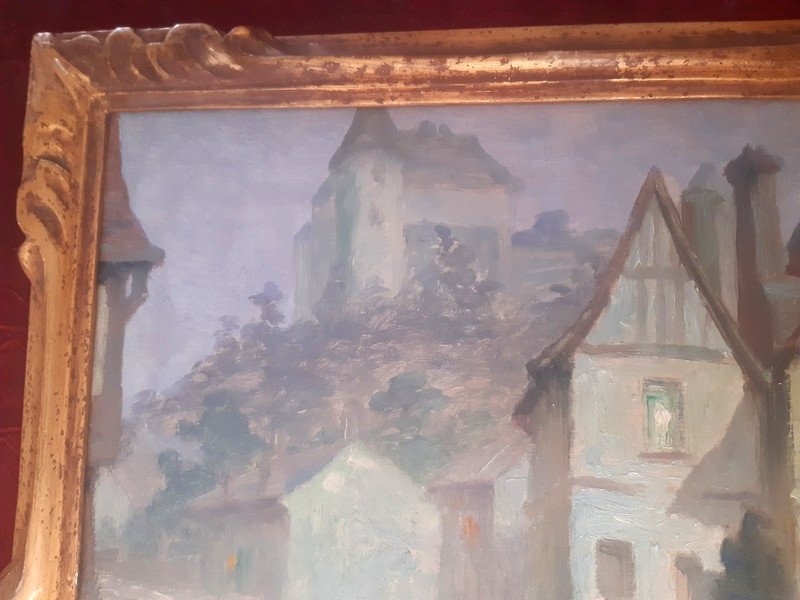 Louis Massin Vue De Luynes En Touraine Son Château Et Ses Anciennes Maisons à colombages tableau daté 1925 Epoque Art déco-photo-2