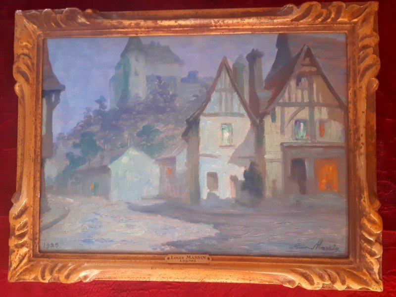 Louis Massin Vue De Luynes En Touraine Son Château Et Ses Anciennes Maisons à colombages tableau daté 1925 Epoque Art déco