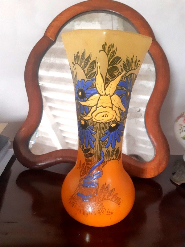 Legras Vase In Enamelled Glass With Cineraria And Daffodil Flowers Circa 1900