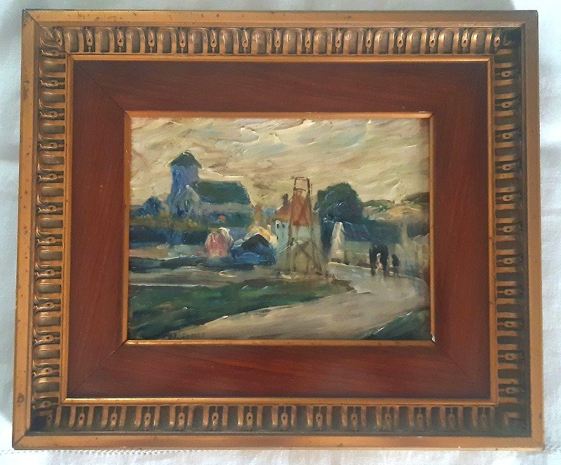 Jacques Van Coppenolle (1878 - 1915) Rare Plaque tableau Impressionniste En Barbotine Faïence d'Art De Marlotte Bézard et Mousseux  vue animée de Montigny-Sur-Loing