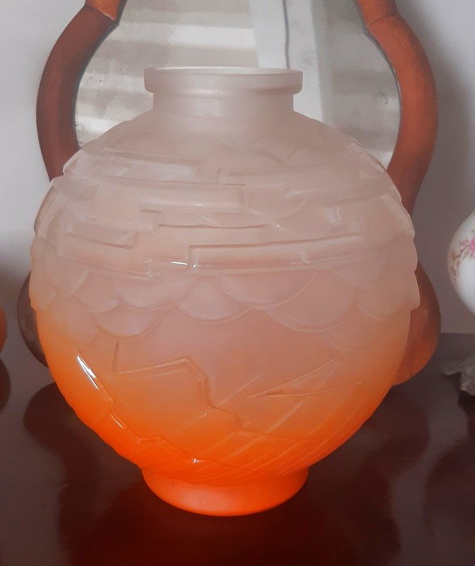 Charles Schneider Le Verre Français Superbe Et Important Vase Boule Géométrique verre poudré orange vif Art Déco Vers 1930-photo-3