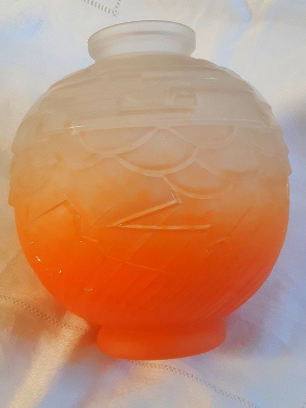 Charles Schneider Le Verre Français Superbe Et Important Vase Boule Géométrique verre poudré orange vif Art Déco Vers 1930-photo-4