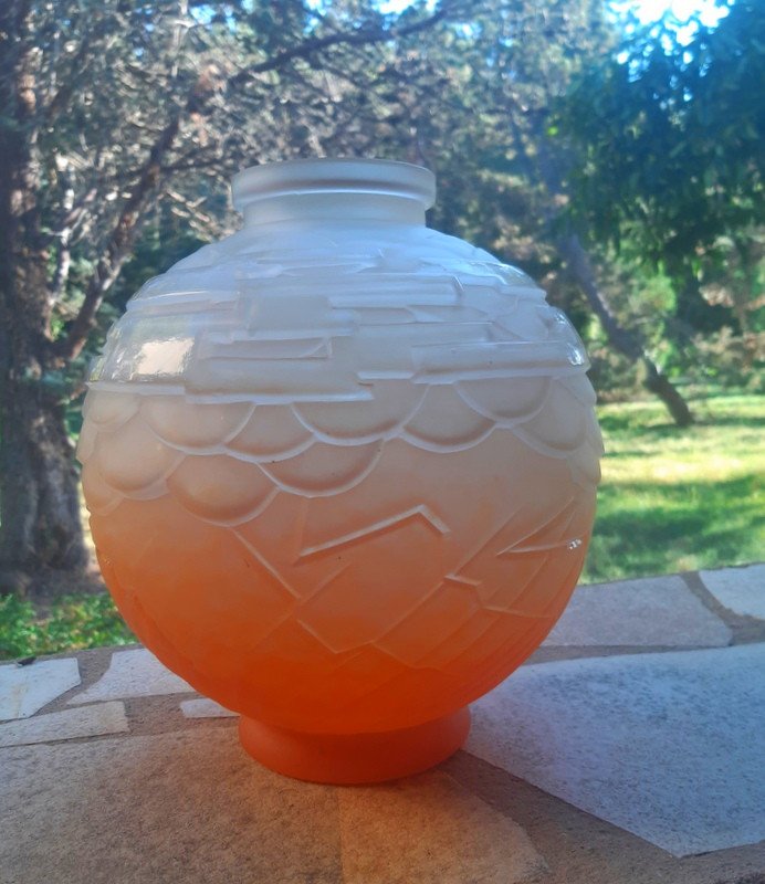 Charles Schneider Le Verre Français Superbe Et Important Vase Boule Géométrique verre poudré orange vif Art Déco Vers 1930-photo-8