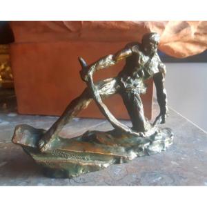 Pierre Le Faguays (1892-1962) Sculpture En Bronze d'époque Art Déco Vers 1930 Homme En Train De bander un arc