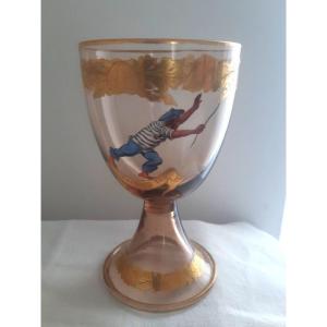 Magnificent Glass On Piedouche Enameled With A Sailor And Gold Friezes