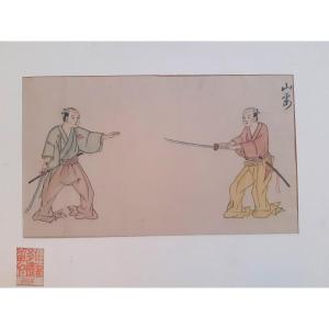 Watercolor And Japanese Ink Representing Kabuki Actors With Sabers