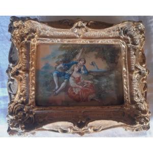 Charming Miniature Watercolor Representing A Young Woman And A Young Man Galante Past Scene (1)