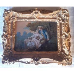 Charming Miniature Watercolor Representing A Young Woman And A Young Man Galante Past Scene (2)