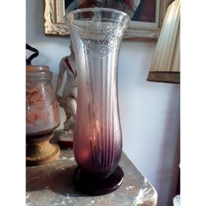 Large Schneider Vase Model "fleurettes" 39.5 Cm In Etched Glass Art Deco Period 1928-1930