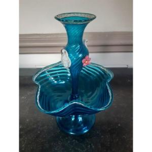 Magnifique Et Rare Coupe Baguier Vide Poche Formant Vase soliflore porte bouquet Au Centre En Verre Bleu De Murano