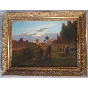 Ernest Chateignon (1865-c.1910) Beautiful Haymaking Scene Moisson Les Foins Ou La Tendre Conversation Au Coucher Du Soleil