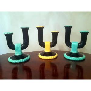 Suite Of Candlesticks In Earthenware And Enamels From Longwy Dlg Glazed Ceramic Slips From Vallauris French Riviera 