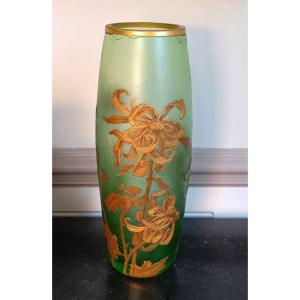 Legras Montjoye Vase Signed With Chrysanthemums Crystal Glass Ouraline Gold Enameled Art Nouveau Circa 1900