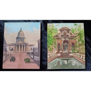 Two Beautiful Views Of Paris Oil On Panel Painting The Fontaine Médicis Jardin Du Luxembourg And The Pantheon
