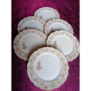 Splendid Suite Of 6 Dessert Plates 21.5 Cm In Hache Porcelain In Vierzon Limoges Art Nouveau Flowers