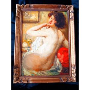 François Maury (marseille 1861-1933) Young Naked Woman Draped In Her Boudoir Painting Painting Oil Close To Monticelli