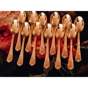 François Frionnet Elysée Model Superb Suite Of 12 Moka Coffee Spoons In Gold Metal Style Rocaille  Christofle Marly