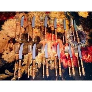 “russian Style” Dessert Cake Service 12 Forks And 12 Knives In Golden Metal