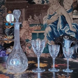 Val Saint Lambert Service de 32 verres et une carafe En Cristal Taillé Nestor écaille Et Olive 