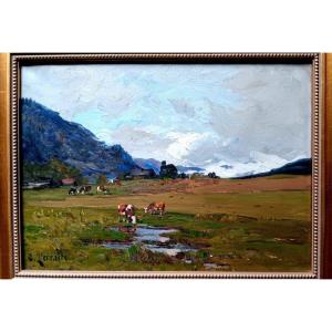 Clovis Terraire (1858-1931) Pasture In Saint Jean De Sixt Hautes Alpes Savoie Snowy Landscape Aravis Ridge Oil On Canvas Painting