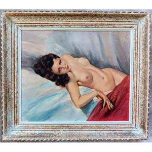 Jules Gustave Lempereur (1902-1985) Portrait De Jeune Femme Nue Pin Up Huile Sur Isorel Dans Le goût de Jean-Gabriel Domergue années 1940