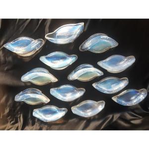 Costebelle France Rare Set Of 13 Glass Fish Lemon Opalescent Art Deco Knife Holders Circa 1930