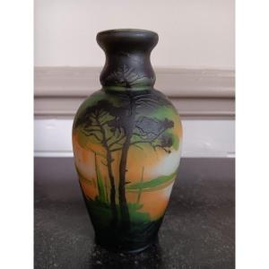 Muller Vase From The 1st Period With Village Decor Against A Background Of A Maritime Landscape With Boats Art Nouveau Circa 1900