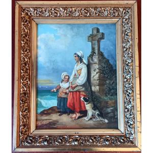 Delicious Oil On Canvas Painting Mother And Her Little Daughter Leaning Against A Calvary Facing The Ocean