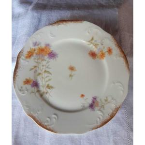 Elégante Suite De 6 Assiettes Plates 24 Cm En Porcelaine Hache à Vierzon Limoges Art Nouveau Fleurs et or (1)