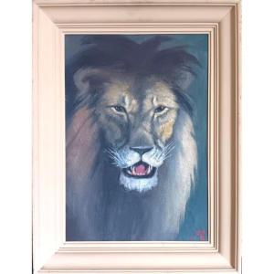 Magnifique Portrait De Lion Huile Sur Isorel Lone Oak Tableau Peinture Art Déco