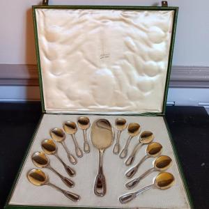 Puiforcat Ice Cream Service Of 12 Spoons And A Serving Shovel In Art Nouveau Silver