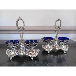 Paire De Salières Salerons saleron Double En Argent Et Cristal Bleu Cobalt