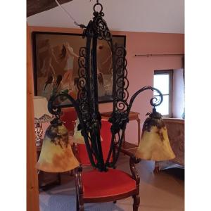 Daum Nancy Art Nouveau Wrought Iron And Tulip Pendant Chandelier 