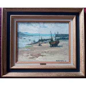Claude Marin (1914-2001) The Erquy Lighthouse And Boats At Low Tide Marine Brittany