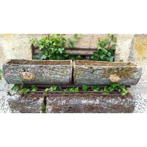 Pair Of Tree Trunk Planters In Faux Wood Cement, 1900-1920 Period