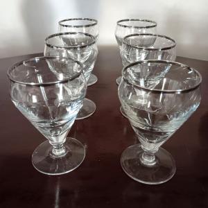 Bel ensemble de 6 verres de bistrot à piédouche d'époque Art déco 1930 jamais utilisés