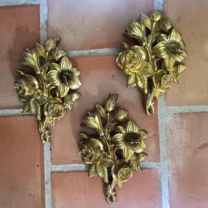 Bel ensemble de 3 bronzes décoratifs bouquets de fleurs Epoque Napoléon III