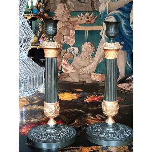 Pair Of Patinated Bronze Candlesticks/candlesticks Decorated With A Vine Motif