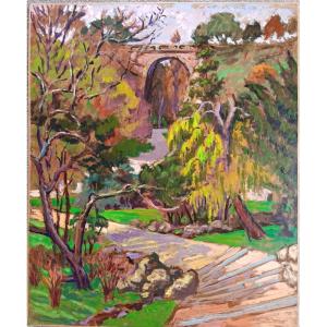 Marco BEHAR (1898 - 1959) Huile sur isorel Paris Pont au Parc des Buttes Chaumont