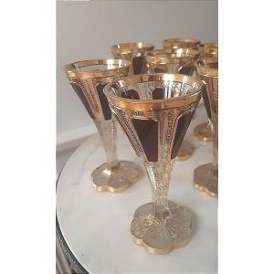Moser Bohême service de 6 verres En Cristal Taillé Décor De Cabochons Rubis Et Motifs Or