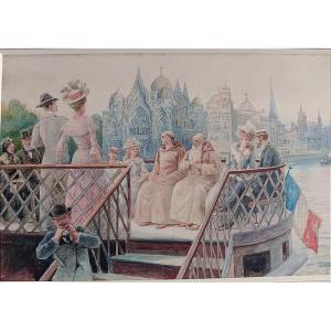 Charles Escudier (1848-1923) Aquarelle Exposition Universelle de Paris 1900 dessin Art nouveau