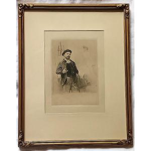Cadre sous verre gravure peintre dans son atelier Alphonse Lalauze