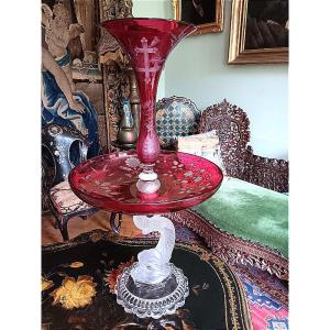 Baccarat Lorraine Coupe vase centre de table Présentoir serviteur Cristal Doublé Rouge 